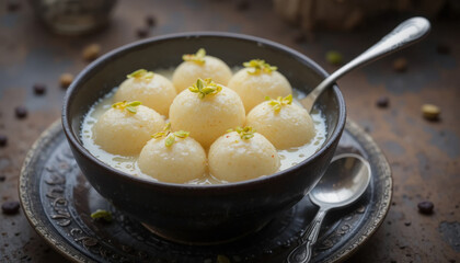 Capture rasmalai indian dessert balls served in bowl with spoon for treat