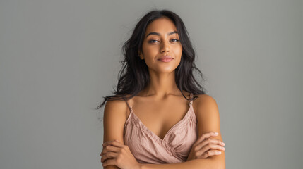 Naklejka premium Ai woman posing in pagamas with arms crossed against plain backdrop in indoor setting during day
