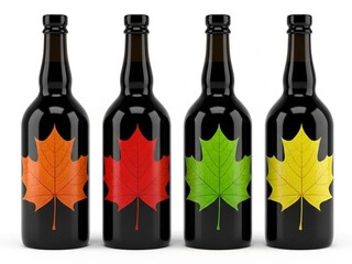 Four bottles with autumn leaves, isolated on white background
