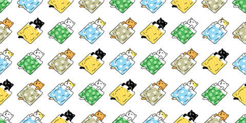 cat seamless pattern kitten sleeping blanket vector calico paw footprint doodle cartoon japan polka dot striped tile background gift wrapping paper pet animal illustration repeat wallpaper scarf isola