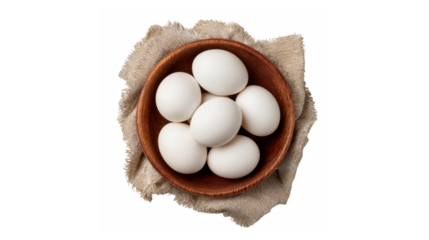 A wooden bowl containing six white eggs is placed on a piece of burlap cloth, set against a plain white background.