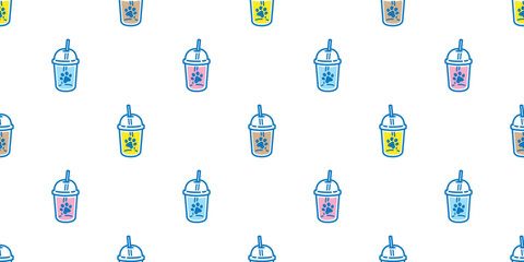 coffee cup seamless pattern footprint dog paw boba milk tea juice cartoon doodle pet cat puppy vector cafe water drink tile background gift wrapping paper repeat wallpaper scarf isolated illustration 