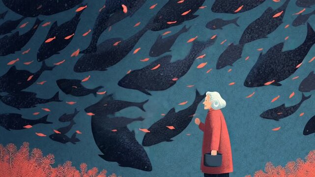 Woman confronts menacing school of fish