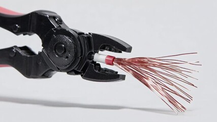 Black pincer tool holding something with shiny filaments.