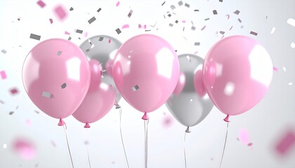 Pink and Silver Balloons with Confetti Falling on a White Background.