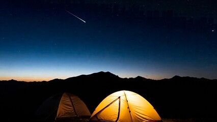 Meteors Streaking Across the Night Sky During Mountain Camping: Ideal for Outdoor Adventure Sharing