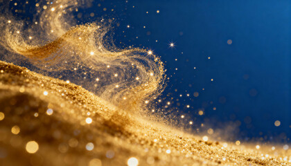 A magical wave of sparkling gold glitter on a dark blue background. Abstract luxury and festive concept for celebration. Copy space for text