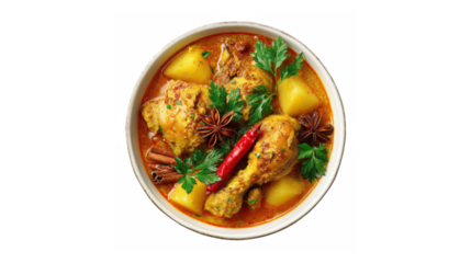 A bowl of chicken curry with potatoes, garnished with fresh herbs and spices, including star anise and red chili