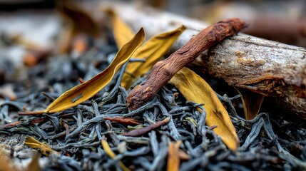 Close Up of Brown Seaweed and Driftwood on a Dark Sandy Beach Shore