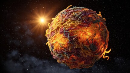 Fiery Planet Structure with Volcanic Orange and Yellow Surface Against a Starry Deep Space Backdrop