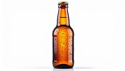 Refreshing Amber Beer Bottle with Condensation on a White Background.