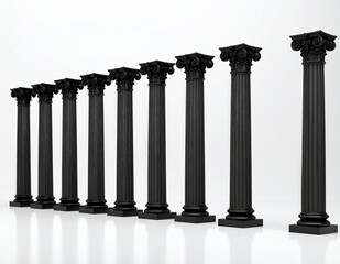 Row of Black Classical Columns on White Background.