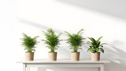 Fototapeta premium Four Potted Parlour Palm Houseplants in Minimalist Pots on White Shelf Against Clean Background