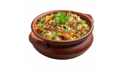 A flavorful biryani dish is presented in a traditional clay pot, garnished with fresh herbs and spices
