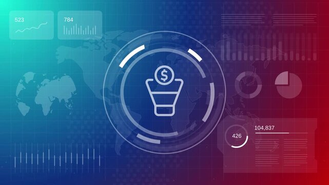 Digital revenue funnel animation with financial data graphs and world map background showing money conversion and business growth analytics on a futuristic interface