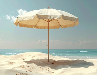 Solitary Beach Umbrella on a Pristine Sandy Shore with Clear Blue Sky and Ocean.