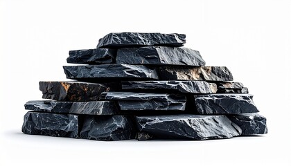 Stack of dark slate rocks on a white background.
