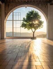 Sunlit Tree in Archway with Scenic Mountain View.