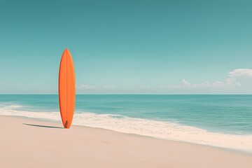 Surfboard on sand tropical beach sea and sky background