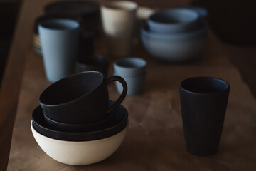 Matt ceramic handmade tableware in a workshop closeup
