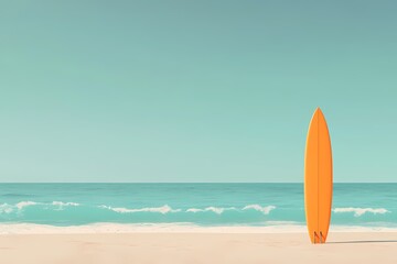 Surfboard on sand tropical beach sea and sky background