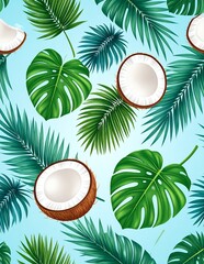 Tropical Paradise Pattern with Coconuts and Palm Leaves.