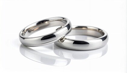 Two shiny silver wedding bands reflecting on a pristine white surface, symbolizing commitment and eternal love.