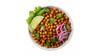 A bowl of chickpeas mixed with fresh herbs, sliced red onion, and lime wedges, presented on a white background.