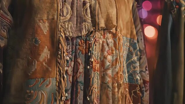 Close-up of richly textured and intricately embroidered traditional garments, featuring velvet, gold thread patterns, and patchwork-style designs, perfect for cultural heritage documentaries, fashion 