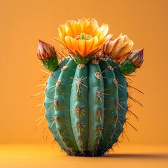 Vibrant blooming cactus with yellow flowers against a warm orange background, showcasing desert beauty and resilience.