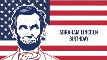 Bold illustrated portrait of Abraham Lincoln placed on the American flag background commemorating Lincoln’s Birthday on February 12.