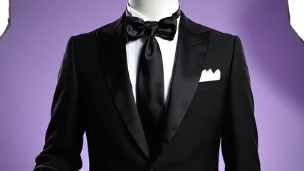 Elegant close-up of a sophisticated black tuxedo with a satin bow tie, crisp white shirt, and classic pocket square against a soft purple background, ideal for luxury fashion, formal event invitations