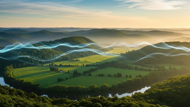Aerial View of Smart Rural Landscape with Digital Data Waves and 5G Connectivity Flowing Over Green Hills and River Valley. - Powered by Adobe