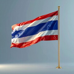 Vibrant Thai Flag Waving Proudly on a Golden Pole Against a Clear Sky.