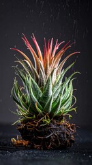 Vibrant Tillandsia Air Plant with Colorful Foliage on a Dark Background.