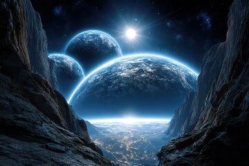Celestial Landscape with Glowing Orbs and Craggy Cliffs in Night Sky Digital Artwork Showing Spherical Planets Reflecting Light and Dark Rough Terrain Elements