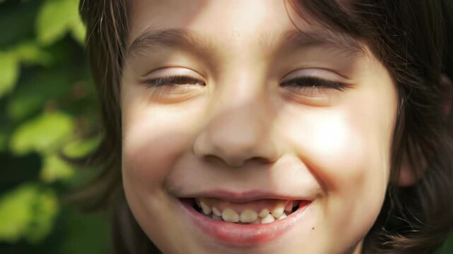Close up portrait of happy child with bright smile and missing tooth outdoor.
