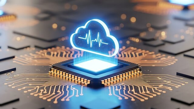 Glowing cloud icon with heartbeat over a microchip on a futuristic circuit board - Powered by Adobe