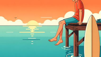 summer vacation sunset view with a person relaxing on a wooden pier feet in the water contemplating the peaceful ocean and golden hour