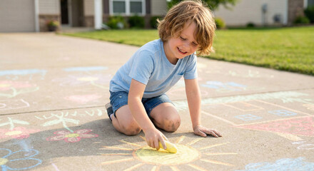 Young boy drawing sun with chalk on pavement in backyard during summer  