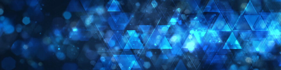 Futuristic Blue Geometric Background with Layered Triangles and Soft Light Bokeh