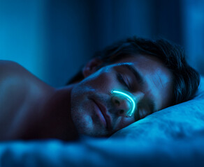 Minimalist Night Lifestyle Portrait of Man Sleeping on Side with Nasal Strip, Calming Blue Studio-Like Gradient with Smoky Shadow Depth