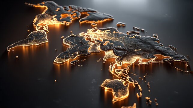 Illuminated global map highlighting urban areas with a gold glow against a dark background