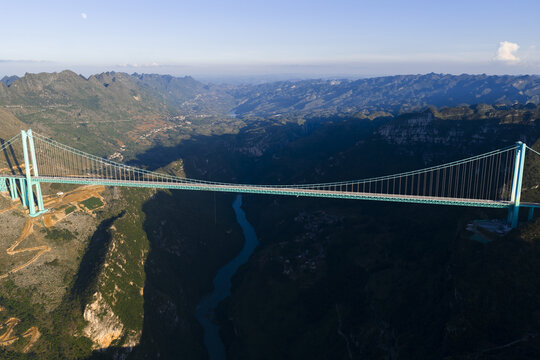 Qianxinan Bridge Over Canyon River, Guizhou China - Aerial View