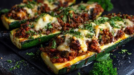 Close-up of baked zucchini boats filled with seasoned ground meat and topped with melted cheese and fresh parsley, presented on a dark slate