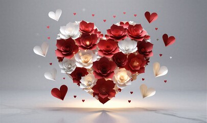Heart-shaped floral arrangement of red and white paper flowers floating above reflective surface.