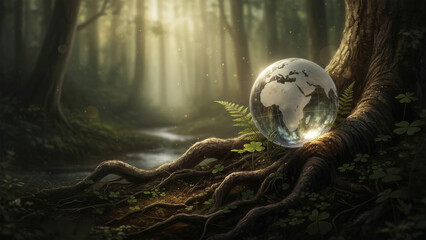 Ancient Tree Roots Embracing the Earth in a Mystical Forest Scene with Global Representation
