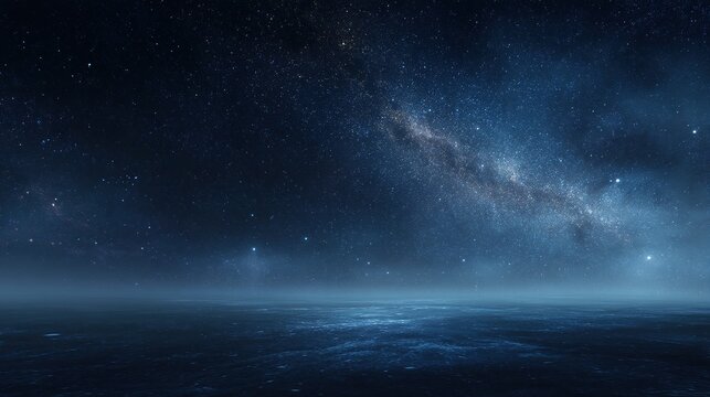 Dark blue night sky with stars and moonlight over desert horizon. Distant stars and starlit light in dark navy space landscape.