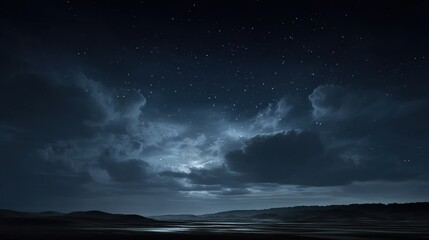 Fototapeta premium Dark blue night sky with stars and moonlight over desert horizon. Distant stars and starlit light in dark navy space landscape.