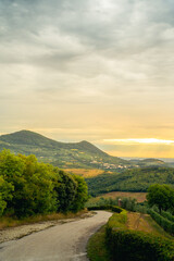 Warm Italian hill landscape toward Arqua Petrarca in Colli Euganei with green grapevines in valleys with morning sun shining through clouds	